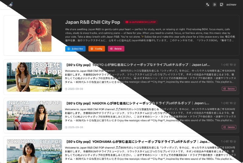 🆔  项目名称：PigeonPod⭐️  项目功能：YouTube频道转播客📁  项目简介：一款开源的将YouTube频道转化为播客的工具