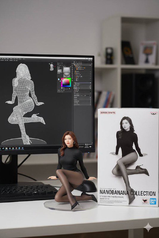 Google gemini 2.5新出的Nano-Banana模型，手办效果炸裂！爱豆、动漫角色...配合3D打印机…提示词：Use the nano-banana model to create a 1/7 scale commercialized figure of thecharacter in the illustration, in a realistic style and environment. Place the figure on a computer desk, using a circular transparent acrylic base without any text.On the computer screen, display the ZBrush modeling process of the figure. Next to the computer screen, place a BANDAI-style toy packaging box printed with the original artwork.Google Gemini：