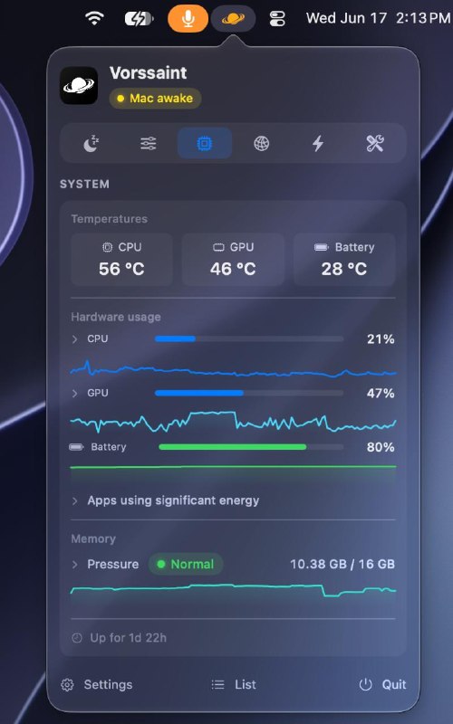 Vorssaint 这个开源菜单栏效率工具，把一堆付费工具全干了：独立 App 音量调节、系统监控、窗口切换、文件暂存、卸载清理、保持唤醒……一个 App 搞定，免费无广告本地运行！