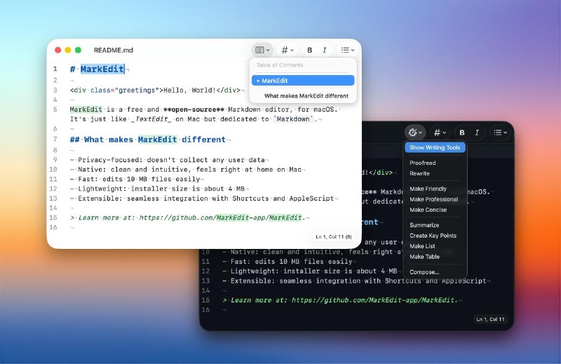 MarkEdit，一个专为 macOS 打造的免费、开源 Markdown 编辑器核心特点：* 轻量且极速： 安装包只有约 4 MB，没有任何臃肿功能，但性能强悍，可以秒开并流畅编辑 10 MB（百万行级别）的大文件