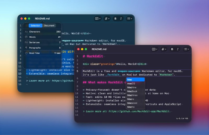 MarkEdit，一个专为 macOS 打造的免费、开源 Markdown 编辑器核心特点：* 轻量且极速： 安装包只有约 4 MB，没有任何臃肿功能，但性能强悍，可以秒开并流畅编辑 10 MB（百万行级别）的大文件