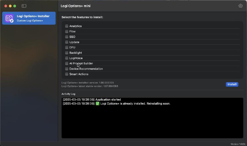▎ logi options plus mini逼逼有和大家推荐过这个开源项目，之前使用的是命令行安装，虽然好用但是有点不方便，最近一看这个项目居然更新了，还更新了图形化的界面右边可选功能，不用什么不选就好，然后会从官网自动拉安装包然后去除多余的功能，十分好用，推荐给大家