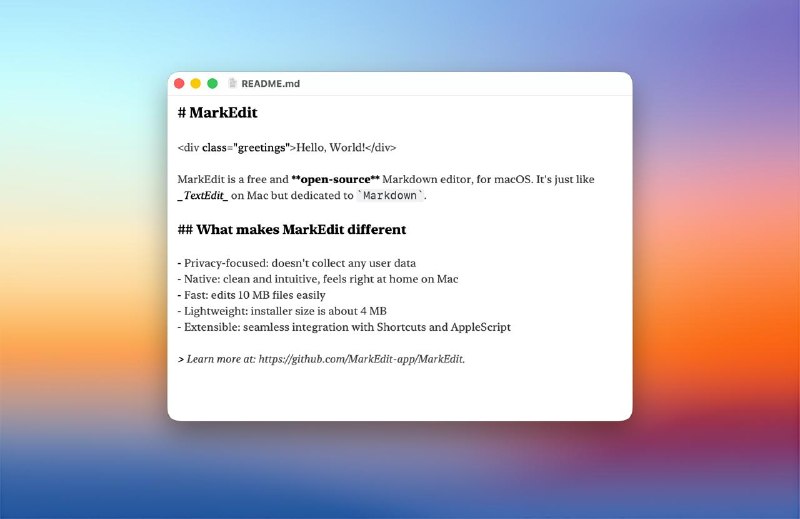MarkEdit，一个专为 macOS 打造的免费、开源 Markdown 编辑器核心特点：* 轻量且极速： 安装包只有约 4 MB，没有任何臃肿功能，但性能强悍，可以秒开并流畅编辑 10 MB（百万行级别）的大文件
